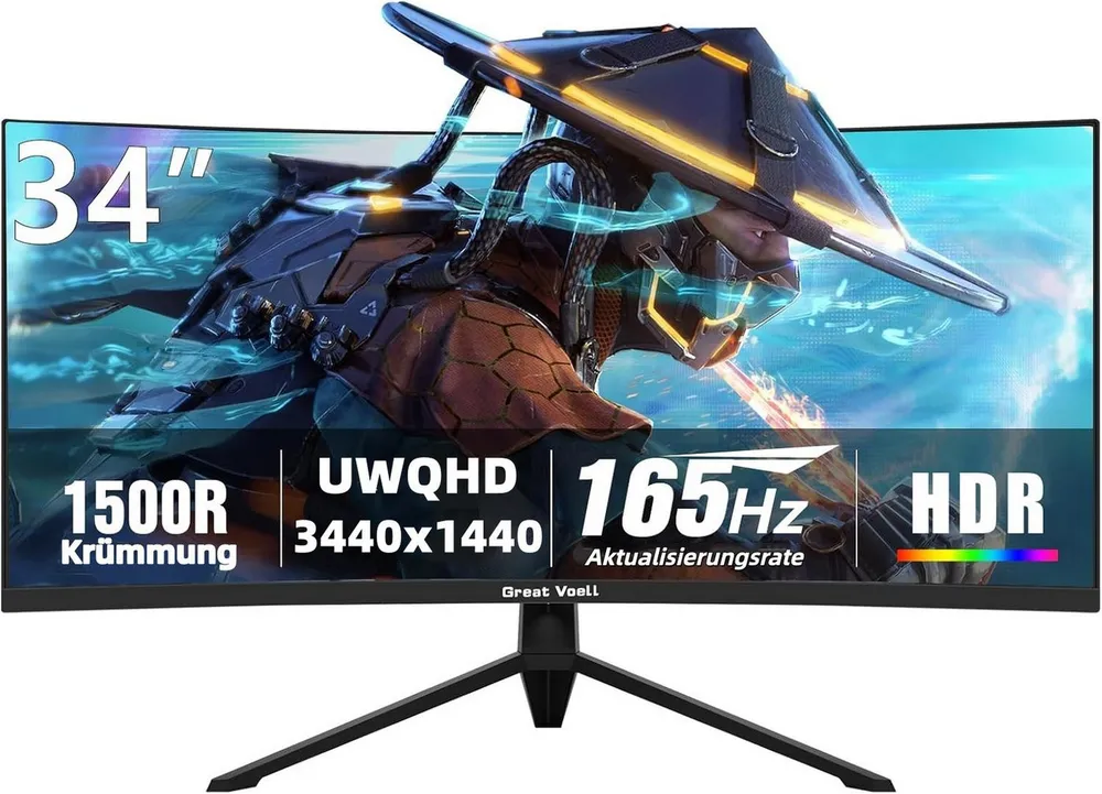 Great Voell 34-Zoll-Curved-Gaming-Monitor, 4K, 165 Hz, PIP/PBP, 1500R, HDR10 Gaming-Monitor (86,36 cm/34 ", 3440 x 1440 px, UWQHD, 1 ms Reaktionszeit, 165 Hz, VA LED, HDR, Ultraweit gebogener Gaming & Home Office Monitor, 127% sRGB)